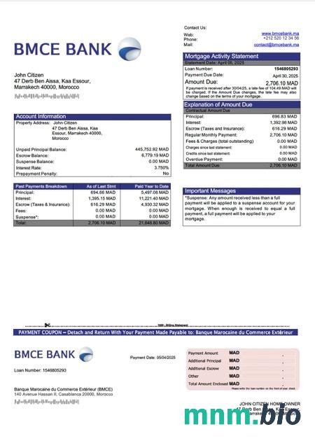 Maroko Banque Marocaine du Commerce Extérieur (BMCE) wyciąg z kredytu hipotecznego szablon Word i PDF